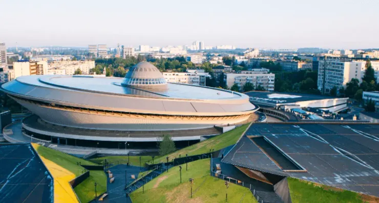 Aerial view of the Spodek arena and congress centre in Katowice, host of the European Liquid Gas Congress.