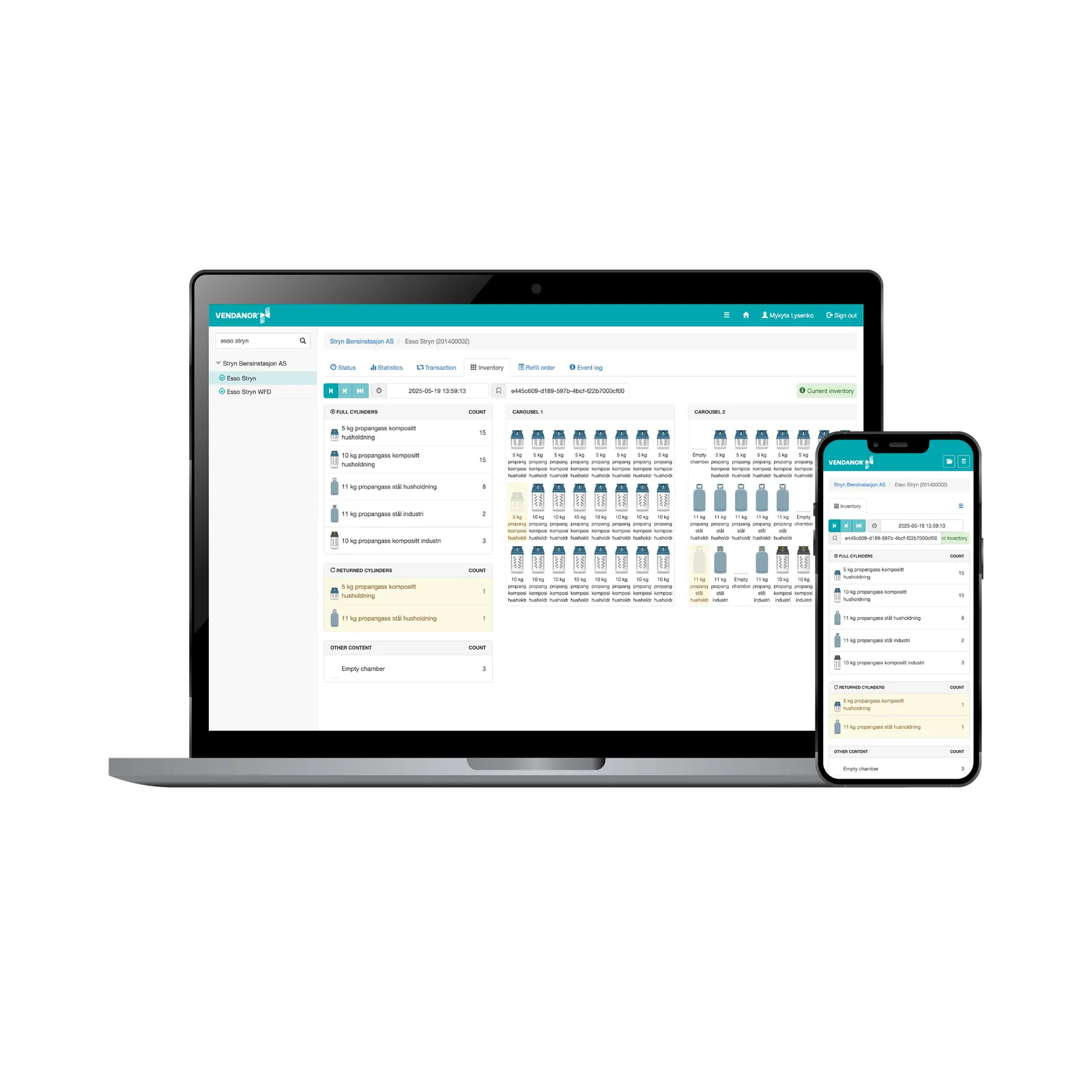 Vendanor Connect inventory dashboard showing propane cylinder stock on a laptop and smartphone.