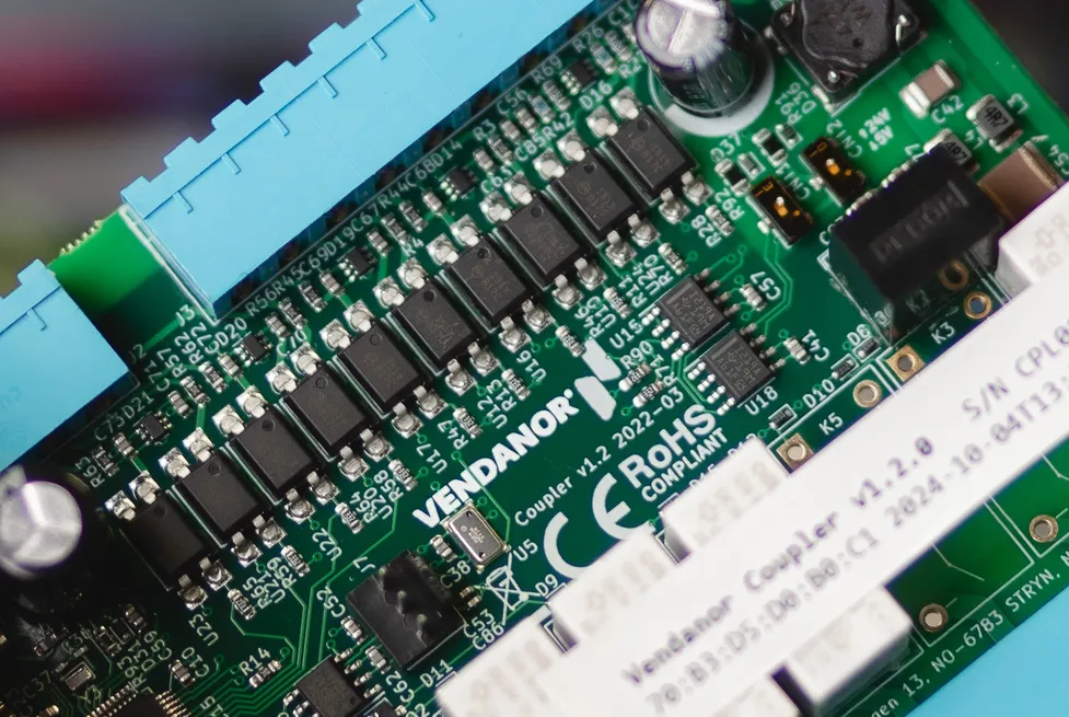 Close-up of a Vendanor Coupler v1.2 control circuit board made in Stryn, Norway.