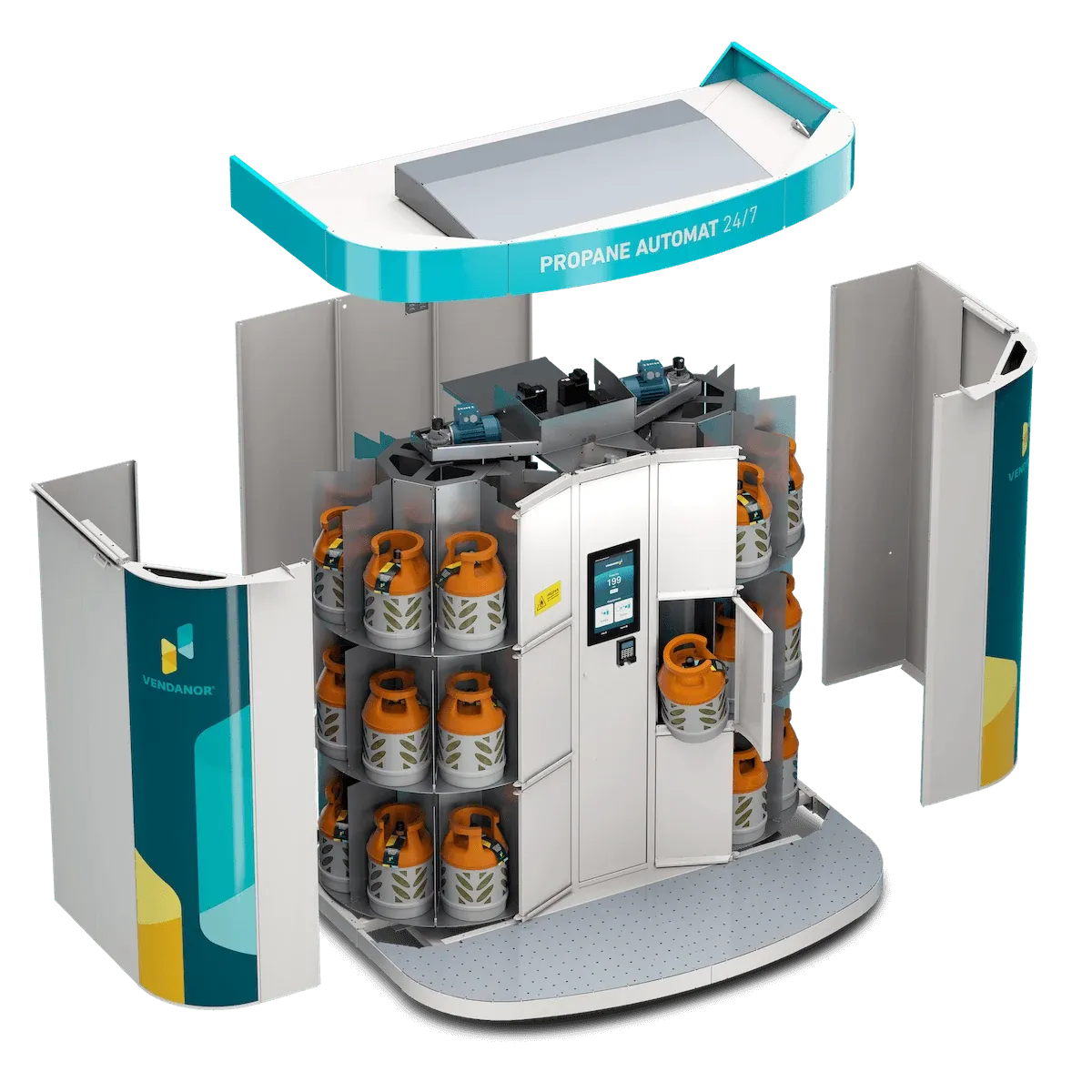 Exploded 3D view of a Vendanor Propane Vending Machine revealing its rotating carousel loaded with propane cylinders.