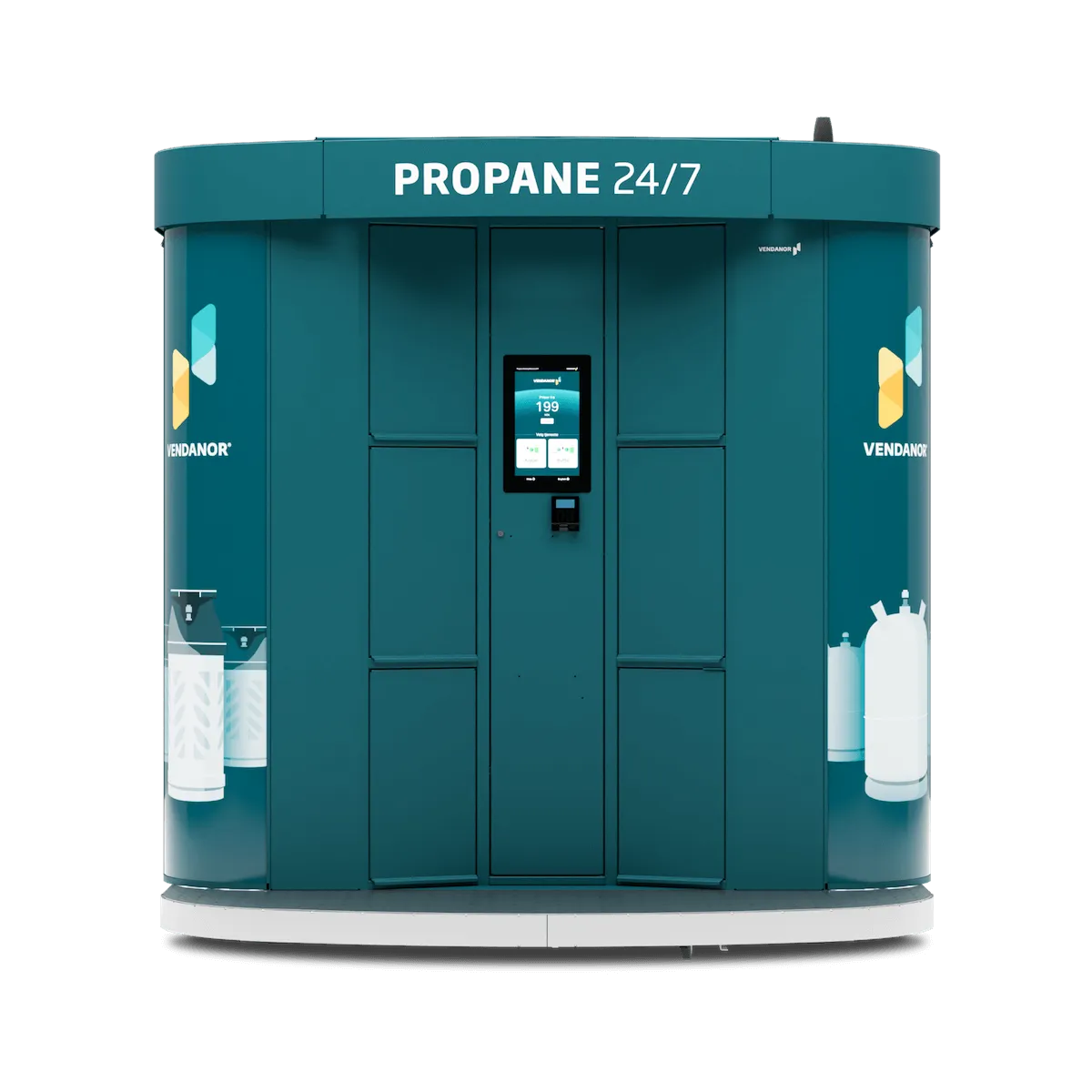 Front view of a teal Vendanor Propane Vending Machine branded Propane 24/7.