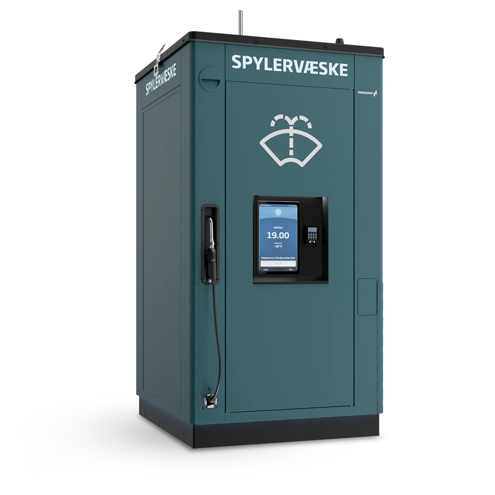 Front view of a teal Vendanor Standard 1500 Washer Fluid Dispenser with Spylervæske branding and touchscreen.