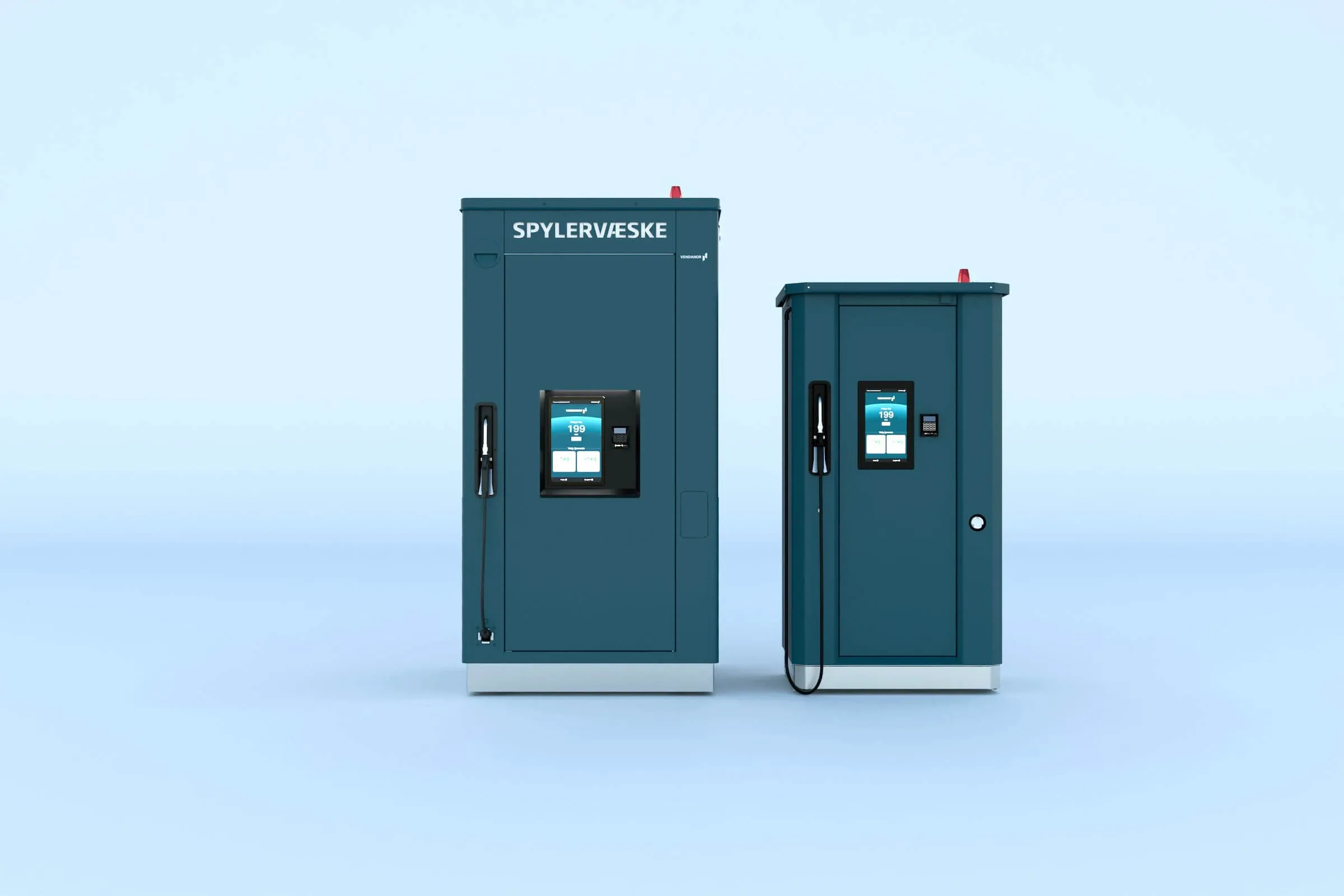 Two Vendanor Washer Fluid Dispensers labelled Spylervæske, a tall and a compact model, shown side by side on a light blue background.